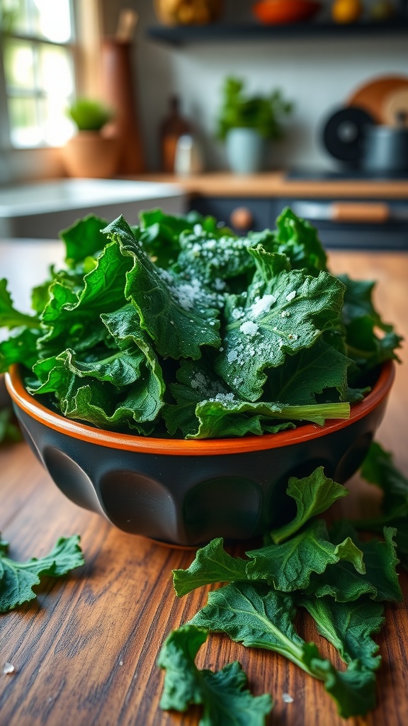 A bowl of crispy kale chips sprinkled with sea salt, surrounded by fresh kale leaves.